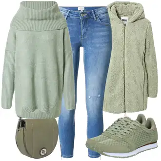 Outfit sa Zeleno/Svjetlozelena/Svjetloplava Široki Džemper/Džemper s Vodopadnim izrezom/Kašmir Džemper/Zamotati džemper/Džemper sa Spuštenim Ramenom/Mohair Pullover/Zimski Džemper About You "Jesenski outfiti"