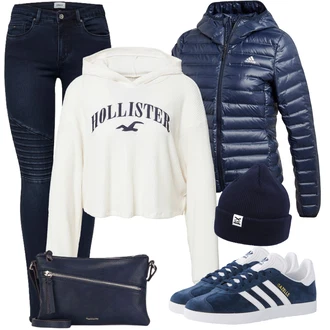 Outfit sa Krem/Ljubičasta/Pink/Bijela Dukserica s kapuljačom/Majica S Visokim Okovratnikom/Kratki top/Košulja top/Kratki Top/Party Top/Skraćena Majica Hollister "Jesenski outfiti"
