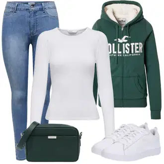 Outfit sa Tamnozelena Trenirka/Vintage majica s kapuljačom/Pletena dukserica/Pulover S Kapuljačom/Partnerska Majica S Kapuljačom/Sportska dukserica/Otmjena majica s kapuljačom Hollister "Jesenski outfiti"