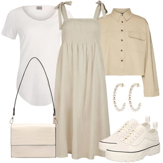Babydoll, Styl Outfit s Béžová/Khaki/Hnědá Mušelínové šaty/Šaty S Kosticí/Letní Šaty/Bavlněné Šaty/Občanské šaty Object "Módní vintage outfit"Look: Lehký, Příliš oblečený, Babydoll, 20 léta, Old Money, Hippie, Elegantní, Boho