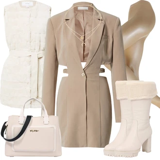 Kožešina Outfit s Béžová Kabát/Podzimní bunda/Umělá Kožešina Kabát Vila, Růžová/Béžová/Modrá/Šedá Zimní bota/Chelsea Boty/Kozačka po Kolena/Kožená Kozačka nad Koleno/Klasická kozačka Guess "Podzimní Outfit"
