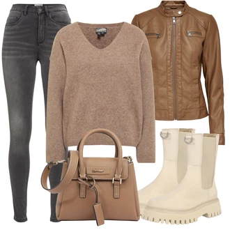 Outfit s Khaki/Béžová Chelsea Boty/Holínky/Plochá Kotníková Bota/Gumová Kotníková Bota/Klasická kozačka/Kožená bunda/Motorkářská bota Bronx "Podzimní Outfit"