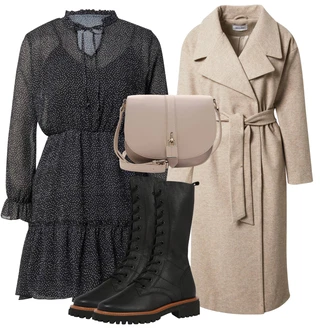 Dlouhé Outfit s Černá/Šedá/Tmavě šedá Košilové šaty/Šaty Niki/Šifonové Šaty/Šaty s dlouhým rukávem/Halenkové Šaty/Volánové šaty/Tvidové šaty/Francouzské šaty/Šaty na Podzim About You "Podzimní Outfit"