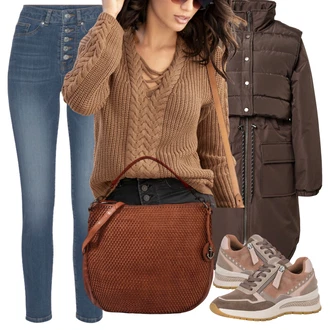 Outfit s Tmavě hnědá/Tmavě zelená/Khaki/Hnědá/Šedá Přechodový Kabát/Dlouhý Péřový Kabát/Kabát se Zipem/Duffle Kabát/Zimní Kabát/Prošívaný kabát/Parka/Dlouhý Zimní Kabát/Péřový Kabát/Midi Kabát Moves "Podzimní Outfit"