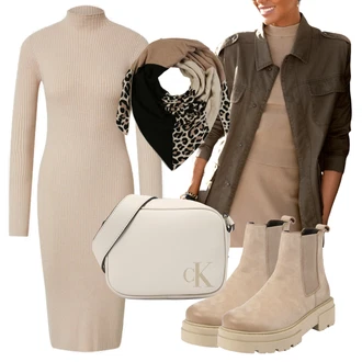 Krátká Outfit s Hn?dá/Khaki/Bé?ová Chelsea Boty/Kotníková Bota s Pod?ívkou/Letní kotníková koza?ka/Plochá Kotníková Bota/Ko?ená bunda About You "Podzimní Outfit"