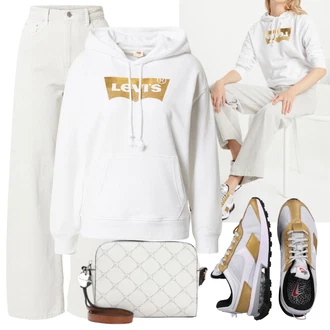 Outfit s Krémová/Bílá/Červená/Mátově zelená Svetr s kapucí/Dámský Svetr/Vintage mikina/Originální mikina/Unisex Mikina S Kapucí/Sportovní mikina/Svetr S Kapucí levi's ® "Podzimní Outfit"