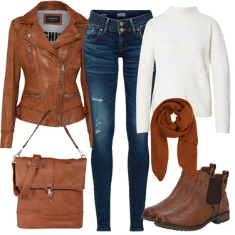 Outfit s Hnědá/Béžová Chelsea Boty/Kožená bunda/Plochá Kotníková Bota/Jezdecká Bota Mustang "Podzimní Outfit"