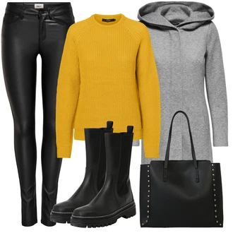Motorka Outfit s Černá Zimní Kozačka z jehněčí kůže/Kozačka se zipem/Nepromokavá Kozačka/Kotníková Bota s Podšívkou/Klasická Kozačka/Holínky/Motorkářská Bota/Chelsea Boty/Ovčí Kožešinová Bota/Motorkářská bota/Kožená bunda Gabor "Podzimní Outfit"Look: Jízda na koni, Motorka, Apres ski