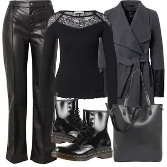 Outfit s Černá/Hnědá/Tmavě hnědá/Béžová/Krémová/Zelená/Bílá Kožená Kalhoty/Kalhoty Bootcut/Kalhoty z Umělé Kůže/Kožené zvonové kalhoty/Vinylové kalhoty Noisy may "Podzimní Outfit"