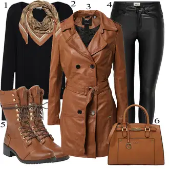 Outfit s Hnědá/Béžová/Oranžová Kabát z Jehněčí Kůže/Trenčkot/Umělá Kůže Kabát/Kožený Kabát/Trenčkot Maze "Podzimní Outfit"
