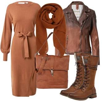 Outfit s Tmavě hnědá/Hnědá/Béžová/Oranžová Šněrovací Kozačka/Bota se širokým nohavici/Jezdecká Bota/Vintage kozačka/Motorkářská Bota/Bojová Bota/Motorkářská bota/Dlouhá Kozačka/Nepromokavá kozačka Mustang "Podzimní Outfit"