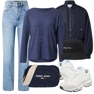 Outfit s Tmavě modrá/Modrá Bomber/Udržitelná bunda/Krátký Bund/Krátký Bund/Nylonová bunda Neo Noir "Podzimní Outfit"