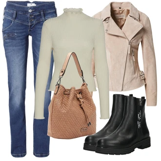 Krátká/mini Outfit s Hnědá Slim Fit Džíny/Dlouhé Šaty/Dlouhé Kardigany/Doplňek/Dlouhá tylová Sukně/Dlouhý Svetr/Taška Přes Rameno/Dlouhý Zimní Kabát Tamaris "Podzimní Outfit"