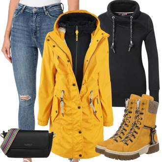 Outfit s Černá Mikina/Móda Pro Plnoštíhlou/Dlouhé Šaty/Dlouhý Zimní Kabát/Dlouhá tylová sukně/Teplák Ragwear "Podzimní Outfit"