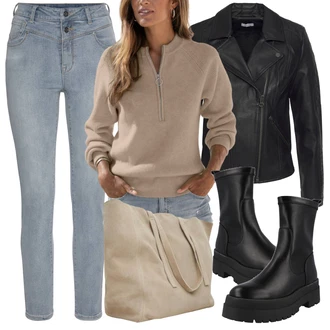 Motorka Outfit s Černá Kozačka Plochá Kotníková Bota/Motorkářská Bota/Zimní kotníková bota/Bota na Platformě/Kozačka se zipem/Kožená bunda/Kotníková Bota s Podšívkou/Motorkářská bota/Ovčí Kožešinová Bota/Kožená kotníková bota/Chelsea Boty/Bota na platformě About You "Podzimní Outfit"Look: Skating, Jízda na koni, Trekking, Motorka