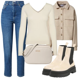 Outfit s Bílá/Béžová Gumová Kotníková Bota/Kožená bunda Leger by Lena Gercke "Podzimní Outfit"