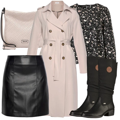 Kombinace Černá Kožená Sukně Kožená Minisukně/Kožená Sukně/Sukně z umělé kůže Lascana kombinovat s Hnědá/Béžová/Fialová/Růžová Kašmírový Kabát/Frock Kabát/Dlouhý Kabát/Trenčkot/Midi Kabát/Trenčkot Lascana