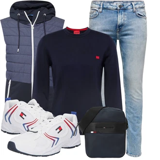 Outfit mit Dunkelblau/Rot Feinstrickpullover/Basic Pullover/Einfacher Pullover/Nicki Pullover/Thermo Pullover/Polo-Pullover/Kaschmir Pullover/Carmenpullover/Rundhals Pullover/Wollpullover/Rundhals-Strickjacke/Stehkragen-Strickjacke/Kaschmir-Strickjacke/Baumwoll Strickjacke/Strickjacke Gefüttert/Wolle Strickjacke Hugo "Outfit für den Herbst"