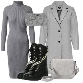 Outfit s Šedá/Světle šedá Kabát s Úzkým Střihem/Kašmírový Kabát/Pletený Kabát/Midi Kabát/Zimní Kabát Vlněný kabát/Blazerový Kabát/Vlněný Fleecový Kabát/Lehký Kabát/Pletený Fleecový Kabát Only "Podzimní Outfit"