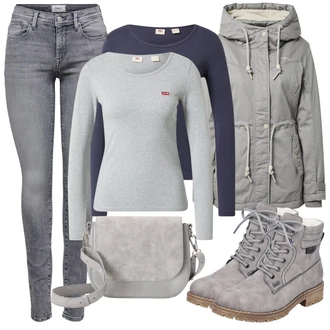 Outfit s Šedá/Světle šedá/Béžová Šněrovací Kotníková Bota/Bojová Bota/Kotníková Bota s Podšívkou/Zimní bota/Klasická kozačka/Zimní kotníková bota/Nezařazené Rieker "Podzimní Outfit"