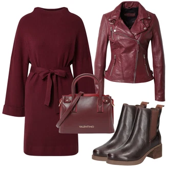 Outfit s Tmavě hnědá/Hnědá/Vínová Chelsea Boty/Kotníková Bota s Podšívkou/Kožená bunda/Kožená kotníková bota Timberland "Podzimní Outfit"