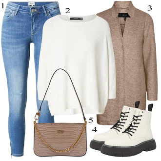 Outfit sa Smeđa/Siva/Bež/Ljubičasta Kaput od Buklea/Kaput od Kašmira/Pleteni Flis Kaput/Pleteni Kaput/loden kaput/Kaput od Tvida/Kaput od Vunenog Flisa/Zimski Kaput Vuneni kaput VERO MODA "Jesenski Outfit"
