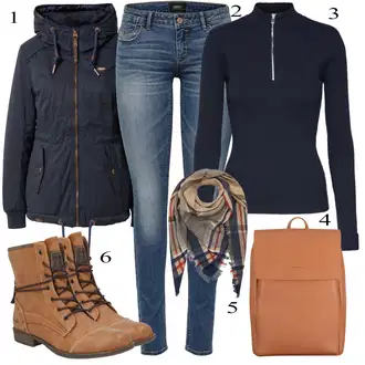 Outfit s Tmavě modrá/Světle modrá Bunda s Bočním Zipem/Bunda 2v1/Funkční Bunda/Podzimní bunda/Outdoorové Bundy/Parka Přechodová Bund/Prošívaná Bunda/Bunda s Kapucí/Zimní Bund/Parka Ragwear "Podzimní Outfit"
