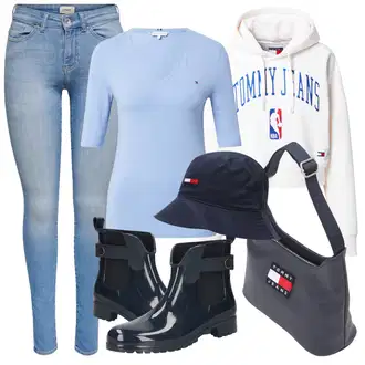 Outfit s Bílá Mikina/Dlouhá tylová Sukně/Dlouhý Zimní Kabát/Dlouhé Kardigany Tommy Jeans "Podzimní Outfit"