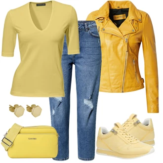 Výstřih na ramena Outfit s Zelená/Žlutá Pletený Top/Pletené tričko/Roláková Košile Heine "Podzimní Outfit"