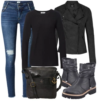Prošívaný Outfit s Černá/Tmavě šedá Motorkářské Bund/Motorkářská bunda/Bunda s Bočním Zipem/Kožené Bund/Bunda z Umělé Kůže Only "Podzimní Outfit"