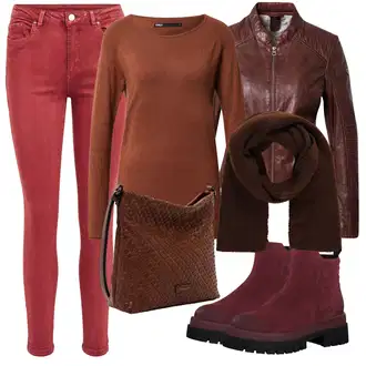Dlouhé Outfit s Červená/Tmavě červená Kožená bunda/Motorkářské Džíny/Capri Džíny/Slim Fit Džíny/Dámské Džíny s Délkou 7/8/High Waist Džínové Kalhoty/Kotníková Bota/Kožené Boty/Džíny s Rozparkem/Zkrácené Džíny/Push up Džín Vila "Podzimní Outfit"