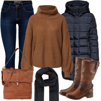 Motorka Outfit s Tmavě hnědá/Béžová/Hnědá Kozačka Bota se širokým nohavici/Kozačka se zipem/Motorkářská bota/Jezdecká Bota/Motorkářská Bota Mustang "Podzimní Outfit"Look: Motorka, Jízda na koni, Na Procházku, Turistika