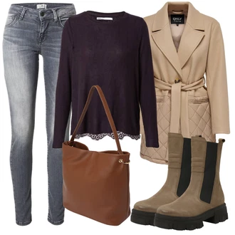Outfit s Tmavě zelená/Béžová/Hnědá/Khaki/Šedá Kozačka Chelsea Boty/Kožená bunda/Plochá Kotníková Bota/Kotníková Bota s Podšívkou/Gumová Kotníková Bota MARCO TOZZI "Podzimní Outfit"