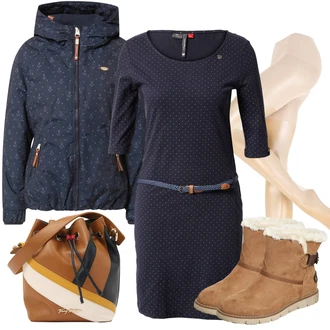 Outfit s Tmavě modrá Šaty s Páskem/Šaty s 3/4 Rukávem/Business Šaty/Kancelářské šaty/Pletené Šaty/Polo Šat/Ležérní Šaty/Úzké Šaty/Zimní Pletené Šaty Ragwear "Outfit v podzimních barvách"