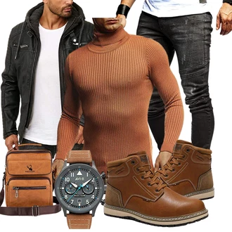 Outfit mit Braun/Beige Winter Stiefel/Sicherheitsschuh/SchnürStiefel/Winter Sneaker/Herren Lederschuhe/Wasserdichter Stiefel/Winter Stiefelette/Wasserfester Schuh/Klassischer Stiefel/Gefütterte Stiefelette AX BOXING "Outfit in herbstlichen Farben"
