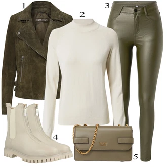 Outfit s Béžová/Hnědá/Bílá/Khaki Chelsea Boty/Gumová Kotníková Bota/Plochá Kotníková Bota/Kožená bunda/Kozačka se zipem Tommy Hilfiger "Podzimní Outfit"