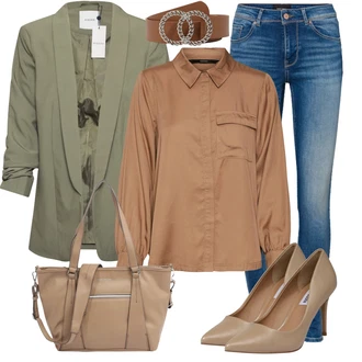 Outfit s Hnědá/Béžová Oversize Halenka/Halenka se Stojatým Límcem/Halenka s Dlouhým Rukávem/Halenkové Body/Jednobarevná Halenka/Saténová Halenka/Tunikové Tričko/Blůza s knoflíčkem VERO MODA "Perfekt na podzim"