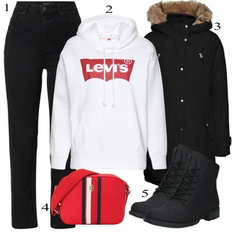 Outfit s Černá Rovná Džína/Džíny s Rozparkem/Slim Fit Džíny/Zužující se Džíny/Kožené Boty/Dámské Džíny s Délkou 7/8/Zimní bunda/High Waist Džínové Kalhoty/Džíny Regular Fit/Mom Jean/Zkrácené Džíny/Termální Džíny Pieces "Podzimní Outfit"