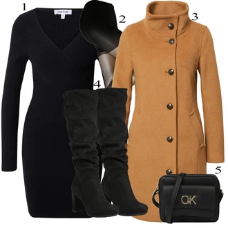 Elegantní Outfit s Černá Kozačka Na Podpatku/Dlouhá Kozačka/Kozačka nad Kolena/Bota se širokým nohavici/Špičatá Kozačka/Kozačka po Kolena About You "Podzimní Outfit"Look: 20 léta, Elegantní, Cool, Příliš oblečený, Nadrozměrné