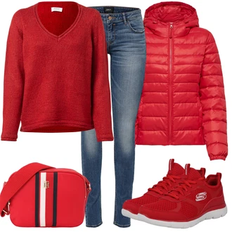 Outfit sa Crvena Prošivena Jakna/Pernata Jakna/Održiva Jakna/Ljetna pod-Jakna/Donja Jakna/Zimska Jakna/Jakna za Pakiranje/Puferica Jakna/Jakna s Kapuljačom Only "Outfit za slobodno vrijeme"