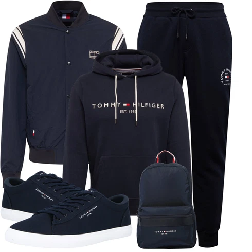 Dunkelblau Hoodie/Vintage Hoodie/Ausgefallener Hoodie/Sport Hoodie/Unisex Hoodie/Sweatshirt/Damen Pullover/Kapuzenpullover/Große Größe Sweatmode Tommy Hilfiger kombinieren mit Schwarz Accessoire/Rucksack Tommy Hilfiger