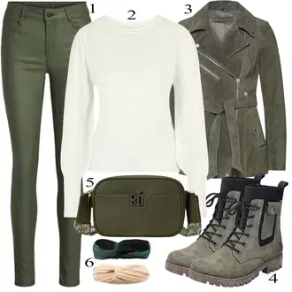 Outfit sa Zeleno Traperica Niskog Struka/Traperica Niskog Struka/Traper Jakna/Remen/Traperice Ravne Nogavice Vila "Jesenski Outfit"