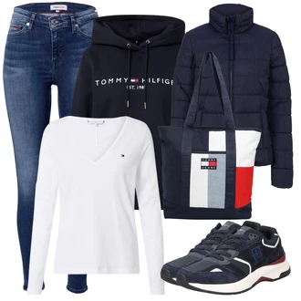 Nadrozměrné Outfit s Tmavě modrá Originální mikina/Svetr S Kapucí/Oversize mikina/Mikina/Unisex Mikina S Kapucí/Vintage mikina/Dámský Svetr/Svetr s kapucí/Sportovní mikina Tommy Hilfiger "Skvělé pro podzim"Look: Mom, Nadrozměrné, Sportovní, Unisex, Univerzitní, Vintage, Hip Hop