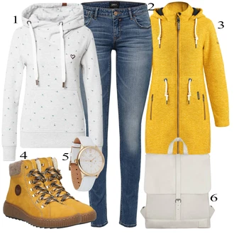 Outfit s Žlutá/Hnědá Zimní bota/Teniska Zimní Tenisky/Trekingová Bota/Šněrovací Kozačka Rieker "Podzimní Outfit"