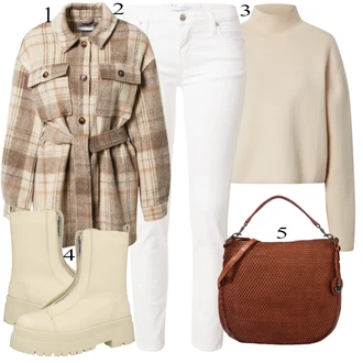 S řetízkem Outfit s Khaki/Béžová Kozačka se zipem/Teniska na platformě/Plochá Kotníková Bota/Tenisky s Bočním Zipem About You "Podzimní Outfit"