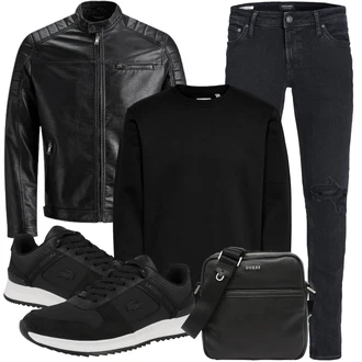 Große Größen Outfit mit Schwarz/Creme/Dunkelgrün Mantel/Lederjacke/Leder Bomberjacke/KunstLederjacke/Vintage Lederjacke/Bikerjacke/Motorradjacke Jack & Jones "Praktischer Look"