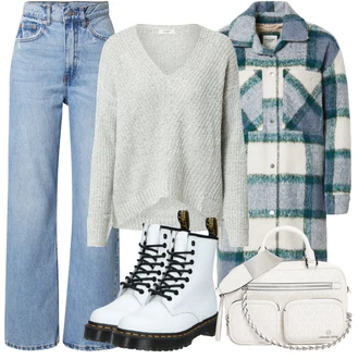 Outfit s Červená/Krémová/Bílá Šněrovací Kotníková Bota/Klasická kozačka/Bojová Bota Dr. Martens "Pěkný podzimní Outfit"