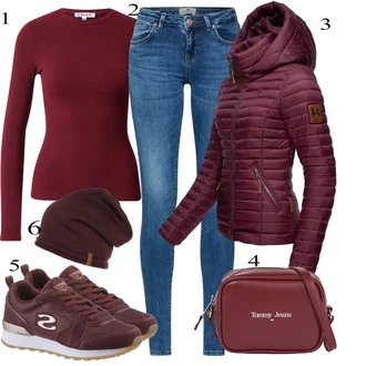 Outfit sa Crvena/Vinski Crveno/Ljubičasta/TamnoCrvena Prošivena Jakna/Merino Jakna/Outdoor Jakna/Jesenska Jakna/Jakna s Patentnim Zatvaračem sa strane/Jakna s Kapuljačom/Jakna za Pakiranje/Donja Jakna/Puferica Jakna/Termo Jakna/Zimska Jakna MARIKOO "Tvoj otmjeni outfit"
