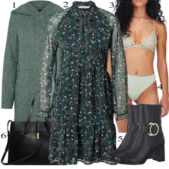Outfit s Zelená/Tmavě zelená/Tyrkysový Košilové šaty/Šaty s dlouhým rukávem/Šifonové Šaty/Vintage šaty/Šaty Niki/Halenkové Šaty/Šaty na Podzim/Šaty S Potiskem/Francouzské šaty/Zimní šaty s dlouhým rukávem/Šaty S Kosticí About You "Obchodní Outfit"