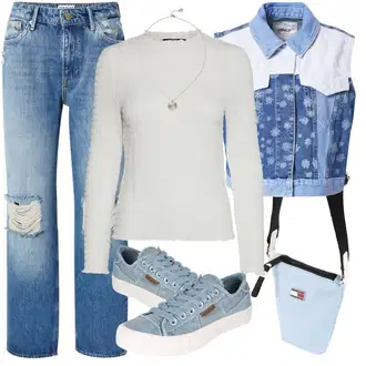 Motorka Outfit s Modrá/Světle modrá Boyfriend Džínové kalhoty/Vintage džíny/Patchworkové Džíny/Džíny s Dírou/Girlfriend Džíny/Kožené bundy/Dad Džíny/Džíny s Rozparkem Only "Stylový outfit z 80. let"Look: Na Procházku, Kriket, Motorka, Pracovní